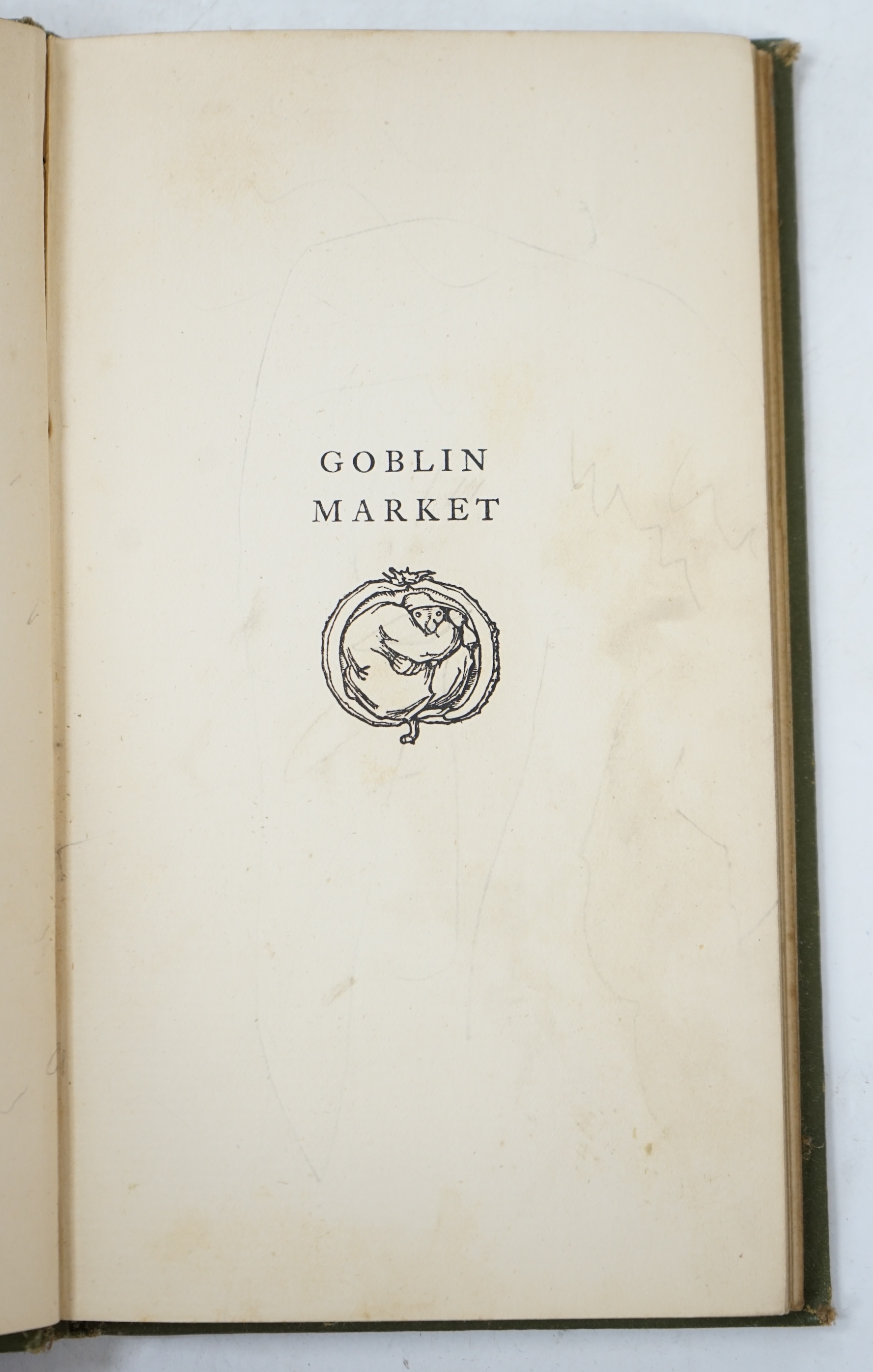 Rossetti, Christina - Goblin Market, 1st edition, illustrated with 12 full-page woodcuts by Laurence Houseman, narrow 12mo, original green and gilt decorative cloth, child's pencil scribbling to some blank pages, Macmill